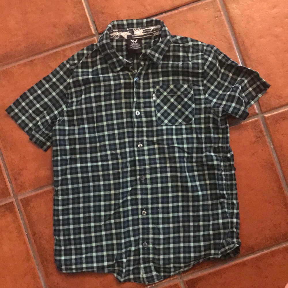 Green blue plaid button up